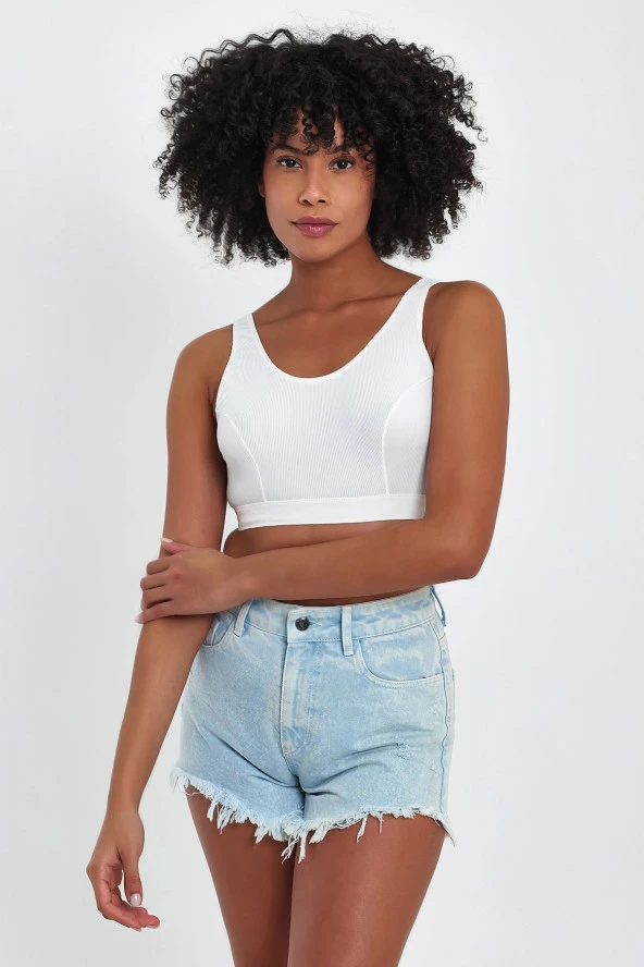 Basic Ekru Fitilli Mikro Kumaş Crop - 5