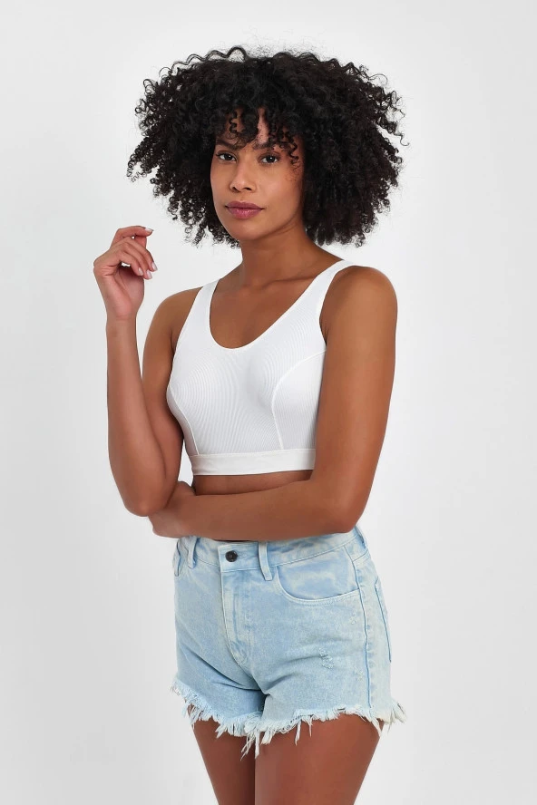 Basic Ekru Fitilli Mikro Kumaş Crop - 6