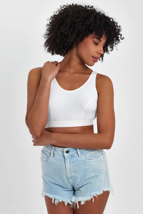 Basic Ekru Fitilli Mikro Kumaş Crop - 9