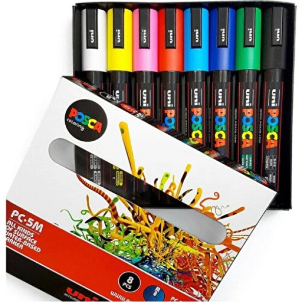 Uni Posca Pc-5m 1.8-2.5 Mm. Su Bazlı Boyama Markörü Seti Ana Renkler 8 Renk