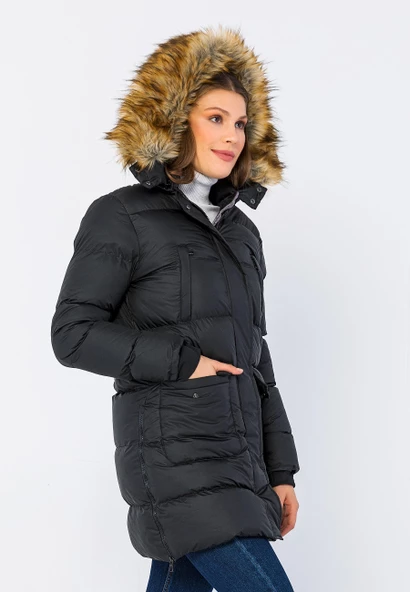 Kadın Regular Fit Astarlı Çok Cepli Kapuşonu Çıkan Rahat Mont - 3