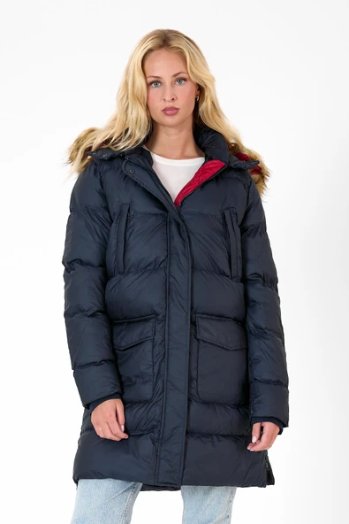 Cekmon Kadın Uzun Şişme Mont – Çıkarılabilir Kürk Kapüşonlu, Çok Cepli, Kışlık Rahat Model - Resim 11