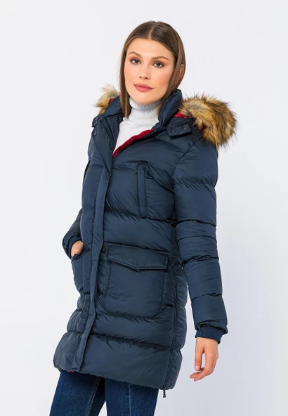 Kadın Regular Fit Astarlı Çok Cepli Kapuşonu Çıkan Rahat Mont - 7