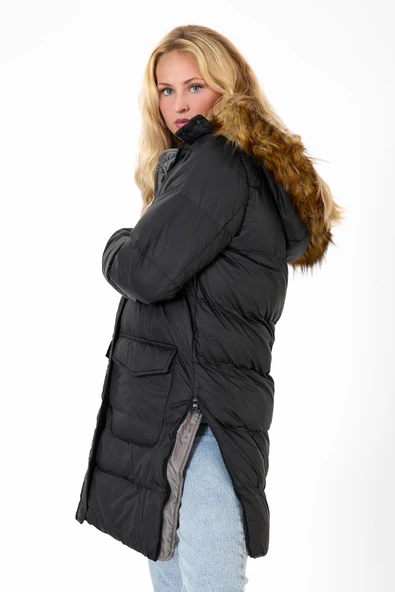 Cekmon Kadın Uzun Şişme Mont – Çıkarılabilir Kürk Kapüşonlu, Çok Cepli, Kışlık Rahat Model - Resim 6