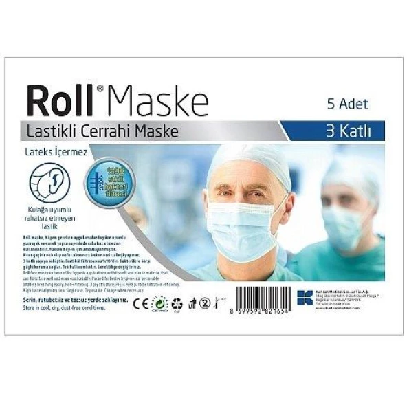 Roll 3 Katlı Cerrahi Maske Telli 5'li