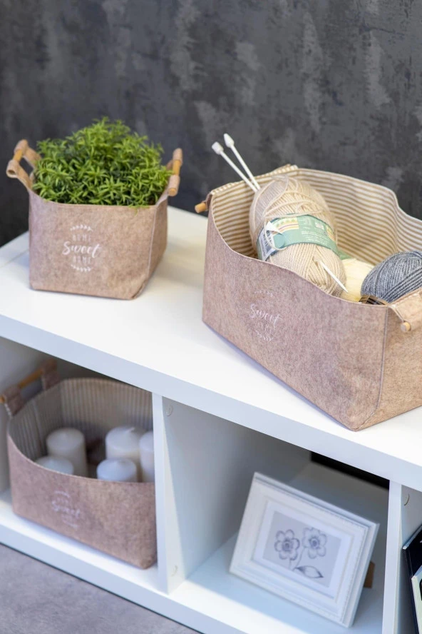 Keçe Tahta Saplı Düzenleyici Sepet - Çok Amaçlı Saklama Kutu Maxi Kahve 25x18x15Cm-103709-KASA-238 ürün görseli