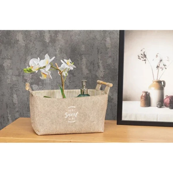 Keçe Tahta Saplı Düzenleyici Sepet - Çok Amaçlı Saklama Kutu Maxi Kahve 25x18x15Cm-103709-KASA-238 - Resim 2