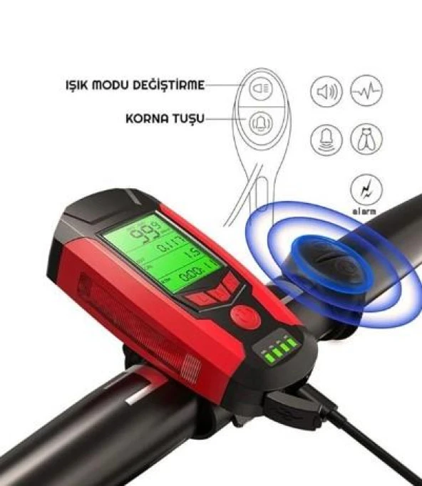 Forte Gt 3 In 1 Bisiklet El Feneri 5 Led Fonksiyonlu Km Sayaçlı Su Geçirmez Far Siyah - 2