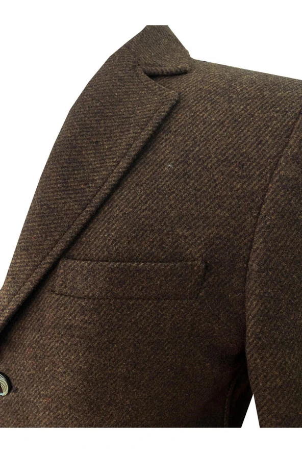 Süvari Slim Fit Mono Yaka Kahverengi Yünlü Erkek Kaban - 2