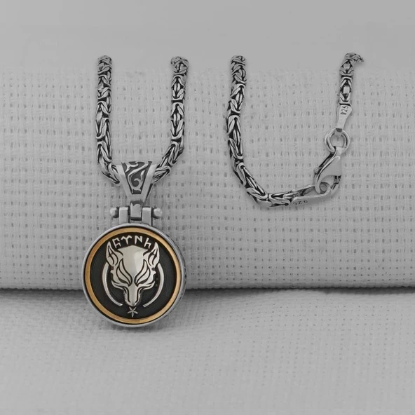 Göktürkçe Türk Yazılı Kurt Tasarımlı Kral Zincirli Ortası Dönen 925 Ayar Gümüş Kolye ürün görseli
