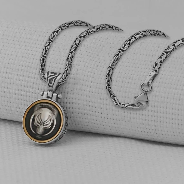 Göktürkçe Türk Yazılı Kurt Tasarımlı Kral Zincirli Ortası Dönen 925 Ayar Gümüş Kolye - Resim 2