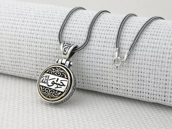 Hasbiyallah Yazılı Ortası Dönen 925 Ayar Gümüş Kolye ürün görseli
