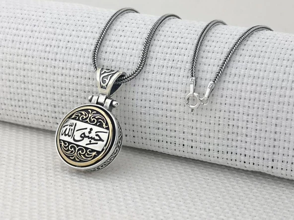 Hasbiyallah Yazılı Ortası Dönen 925 Ayar Gümüş Kolye - Resim 2