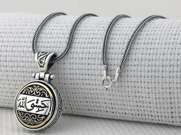 Hasbiyallah Yazılı Ortası Dönen 925 Ayar Gümüş Kolye - Resim 3