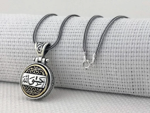 Hasbiyallah Yazılı Ortası Dönen 925 Ayar Gümüş Kolye - Resim 4