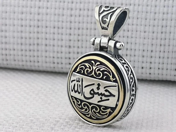 Hasbiyallah Yazılı Ortası Dönen 925 Ayar Gümüş Kolye Ucu - Resim 3