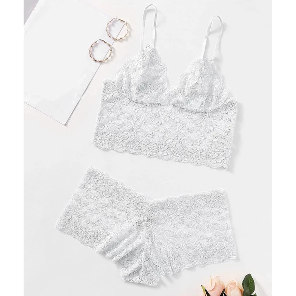 ASM1273 Kadın 2 Lİ Ekru Kapsız Ic Astarlı Dantel Bralet Şortlu Takım - 5