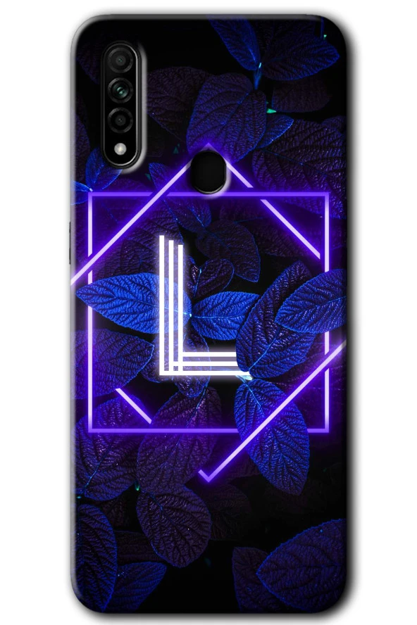 Oppo A31 Kılıf HD Desen Baskılı Arka Kapak - Dark Neon Yaprak L Harfi