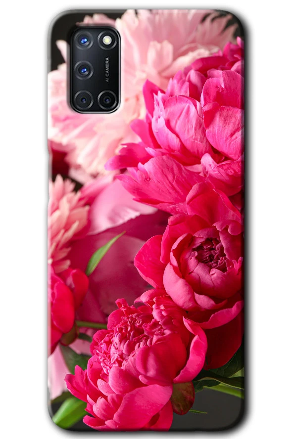 Oppo A52 Kılıf HD Desen Baskılı Arka Kapak - Kırmızı Beyaz Gül