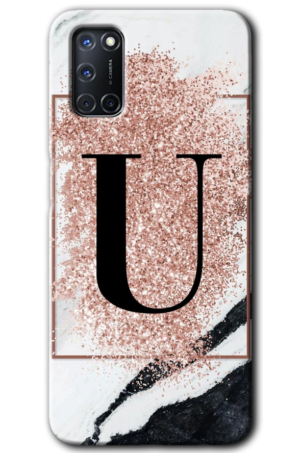 Oppo A52 Kılıf HD Desen Baskılı Arka Kapak - Pembe Mermer Desenli U Harfi