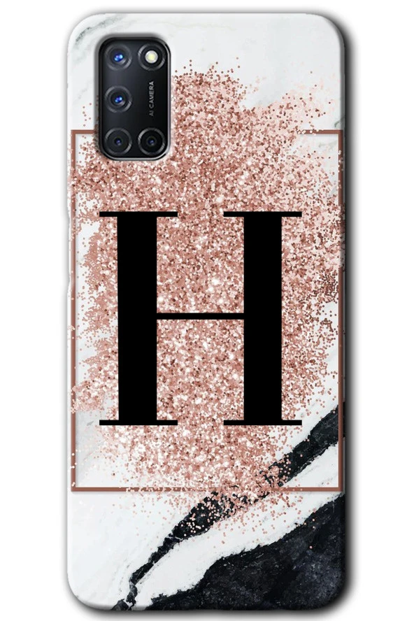 Oppo A52 Kılıf HD Desen Baskılı Arka Kapak - Pembe Mermer Desenli H Harfi