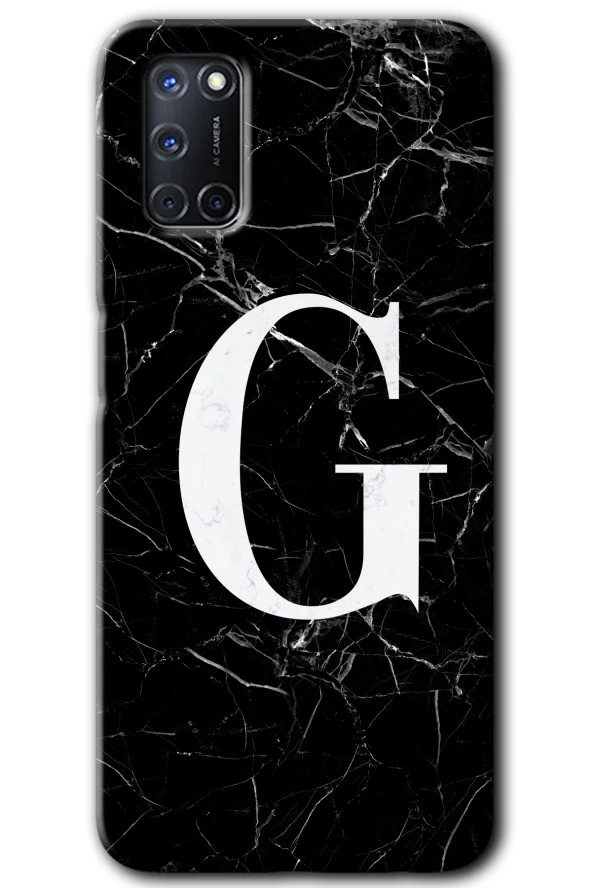 Oppo A52 Kılıf HD Desen Baskılı Arka Kapak - Siyah Mermer Desenli G Harfi