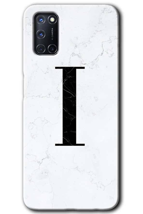 Oppo A52 Kılıf HD Desen Baskılı Arka Kapak - Beyaz Mermer Desenli I Harfi