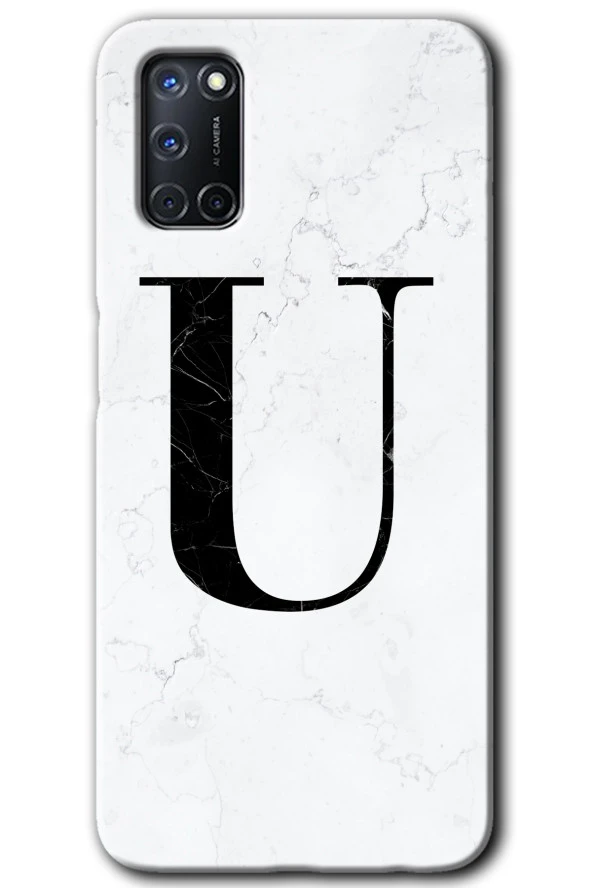 Oppo A52 Kılıf HD Desen Baskılı Arka Kapak - Beyaz Mermer Desenli U Harfi