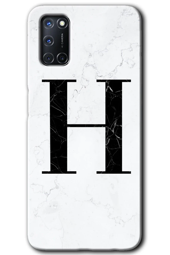 Oppo A52 Kılıf HD Desen Baskılı Arka Kapak - Beyaz Mermer Desenli H Harfi