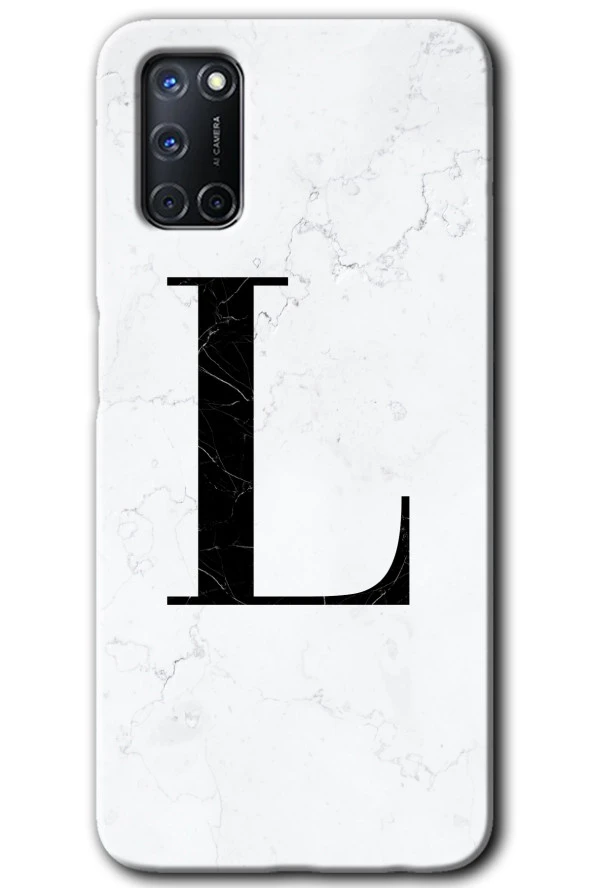Oppo A52 Kılıf HD Desen Baskılı Arka Kapak - Beyaz Mermer Desenli L Harfi