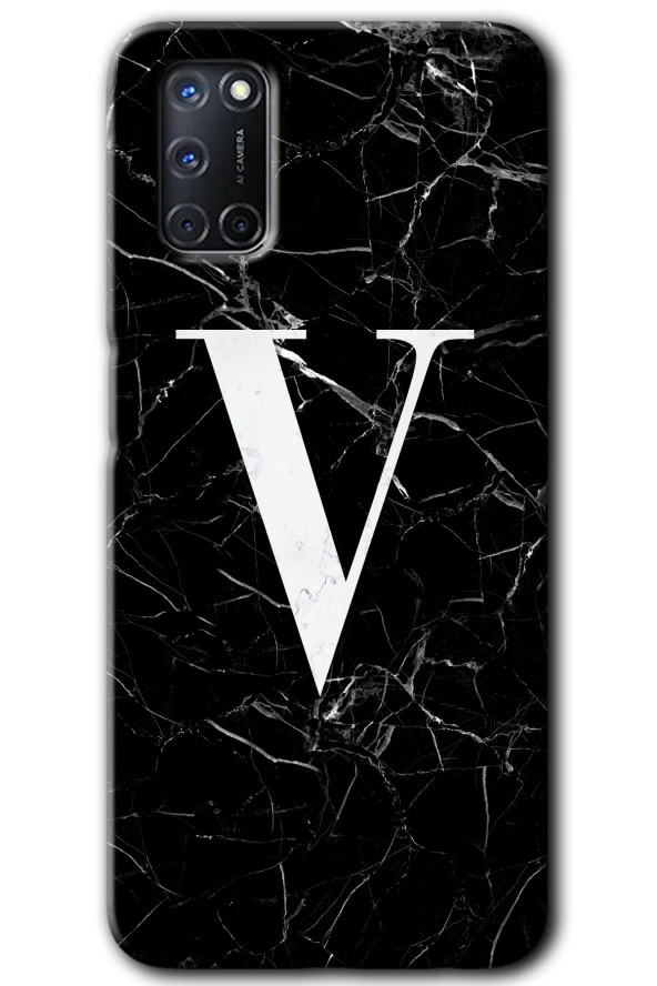 Oppo A52 Kılıf HD Desen Baskılı Arka Kapak - Siyah Mermer Desenli V Harfi
