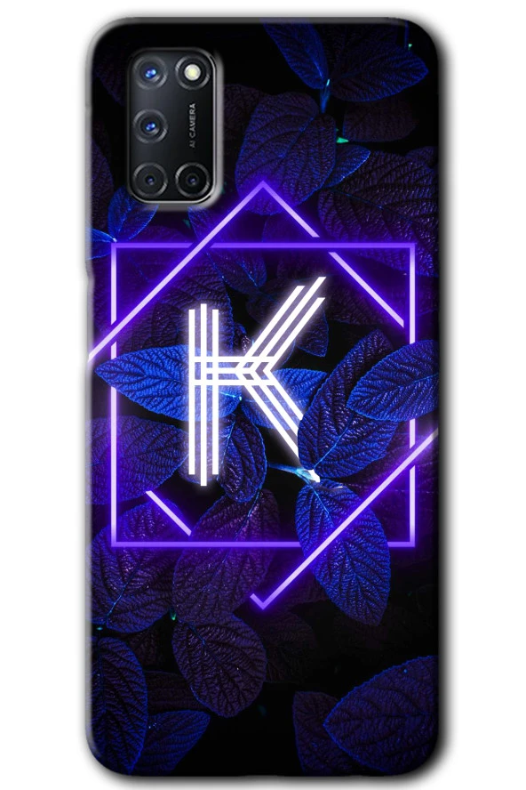 Oppo A52 Kılıf HD Desen Baskılı Arka Kapak - Dark Neon Yaprak K Harfi