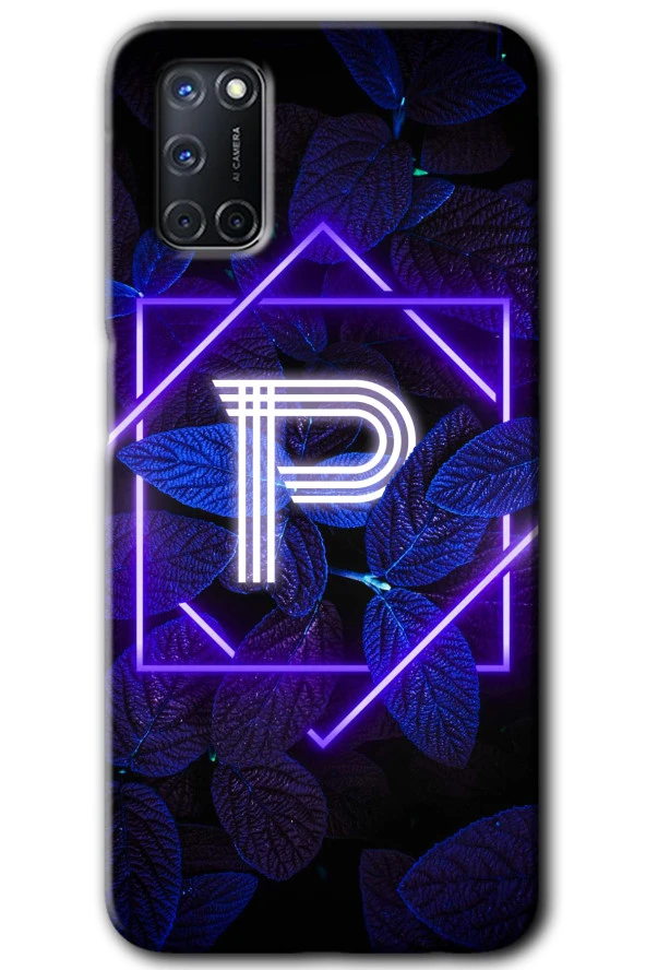 Oppo A52 Kılıf HD Desen Baskılı Arka Kapak - Dark Neon Yaprak P Harfi