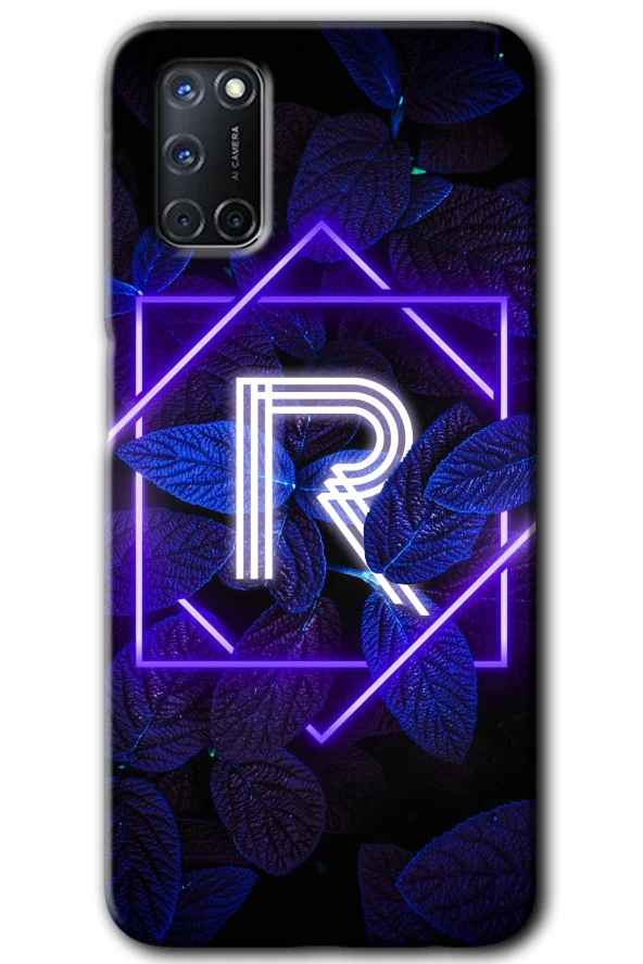 Oppo A72 Kılıf HD Desen Baskılı Arka Kapak - Dark Neon Yaprak R Harfi