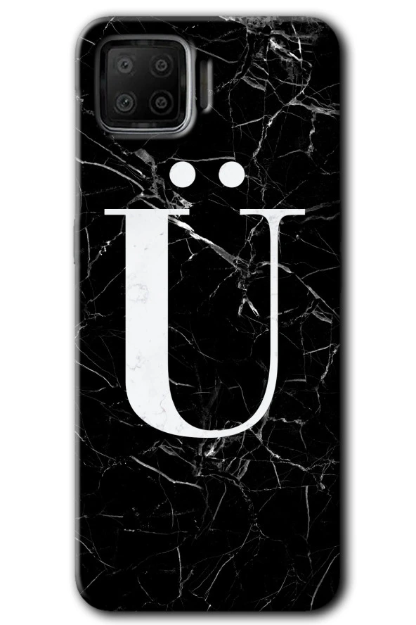 Oppo A73 Kılıf HD Desen Baskılı Arka Kapak - Siyah Mermer Desenli Ü Harfi