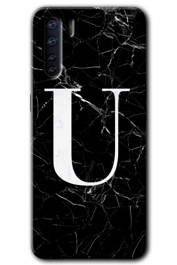 Oppo A91 Kılıf HD Desen Baskılı Arka Kapak - Siyah Mermer Desenli U Harfi