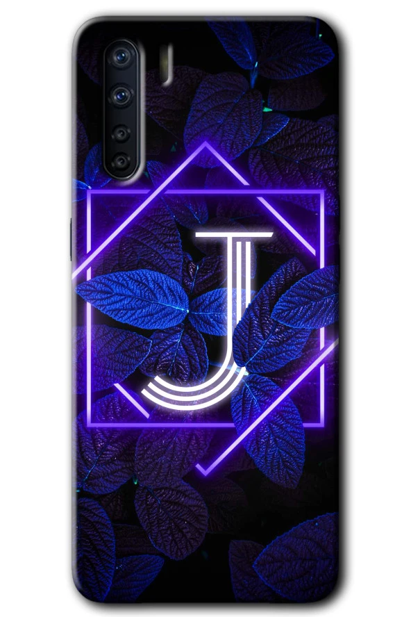 Oppo A91 Kılıf HD Desen Baskılı Arka Kapak - Dark Neon Yaprak J Harfi
