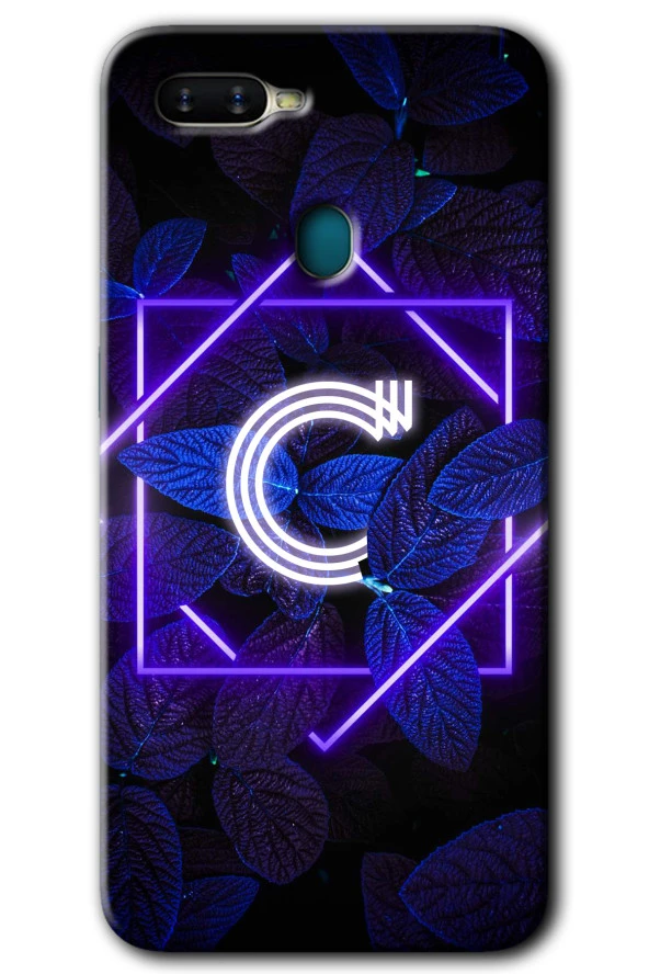 Oppo Ax7 Kılıf HD Desen Baskılı Arka Kapak - Dark Neon Yaprak C Harfi