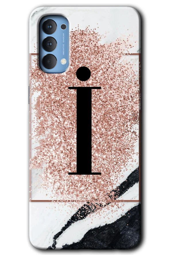 Oppo Reno 4 Kılıf HD Desen Baskılı Arka Kapak - Pembe Mermer Desenli İ Harfi