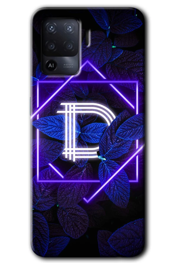 Oppo Reno 5 Lite Kılıf HD Desen Baskılı Arka Kapak - Dark Neon Yaprak D Harfi