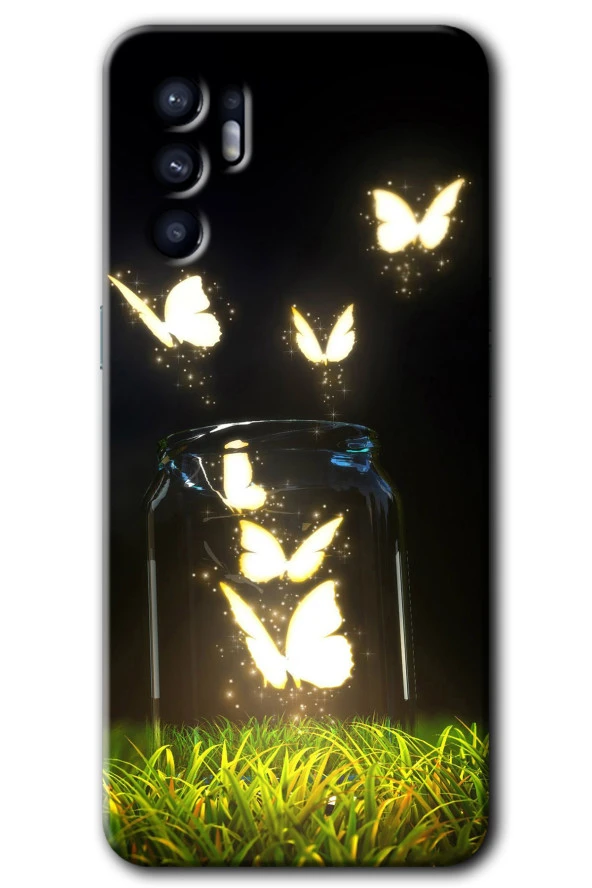 Oppo Reno 6 Kılıf HD Desen Baskılı Arka Kapak - Işıklı Kelebekler