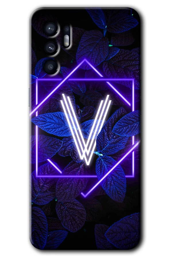 Oppo Reno 6 Kılıf HD Desen Baskılı Arka Kapak - Dark Neon Yaprak V Harfi