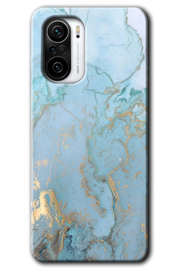 Poco F3 Kılıf HD Desen Baskılı Arka Kapak - Mavi Gold Mermer