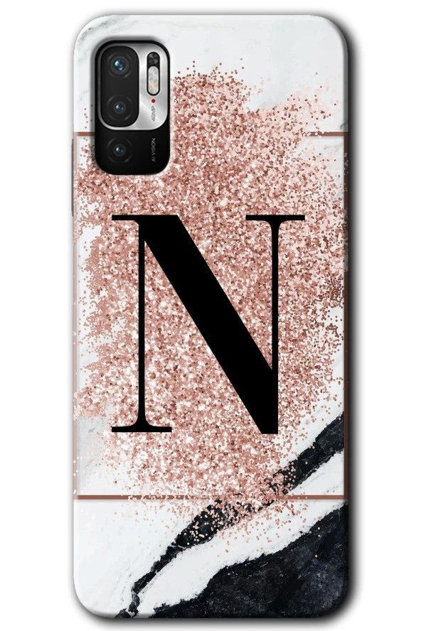 Poco M3 Pro Kılıf HD Desen Baskılı Arka Kapak - Pembe Mermer Desenli N Harfi