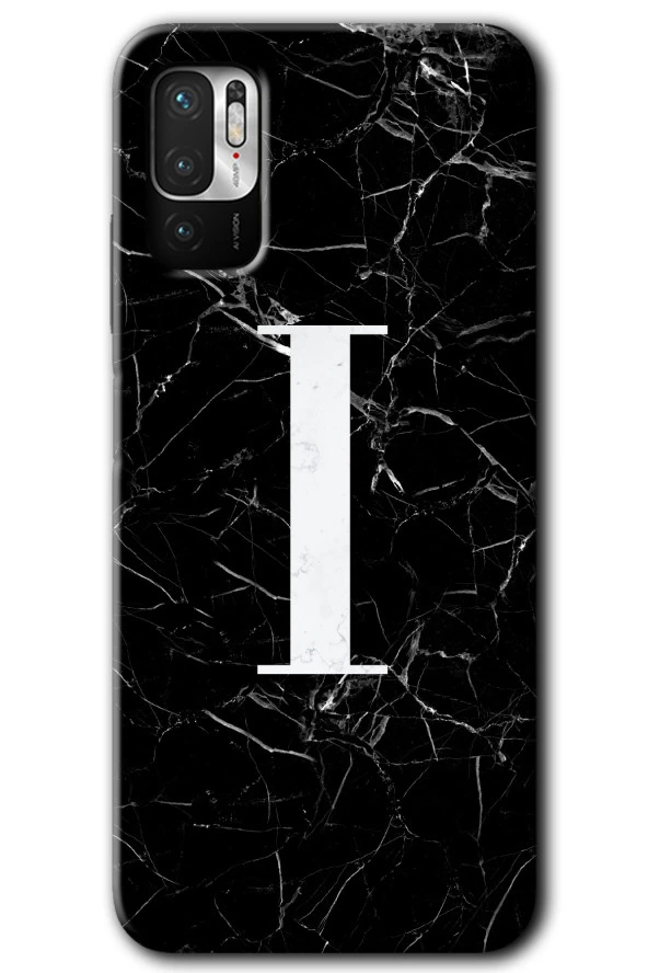 Poco M3 Pro Kılıf HD Desen Baskılı Arka Kapak - Siyah Mermer Desenli I Harfi