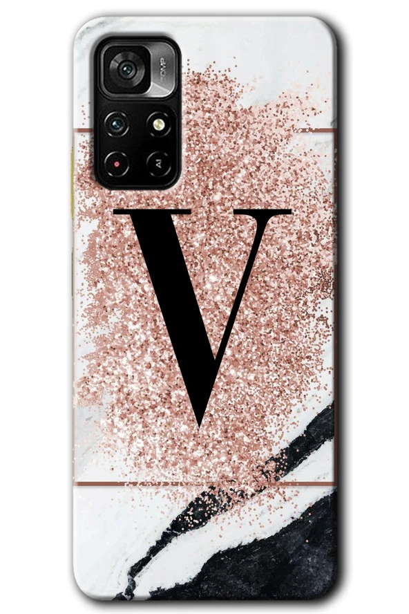 Poco M4 Pro 5G Kılıf HD Desen Baskılı Arka Kapak - Pembe Mermer Desenli V Harfi