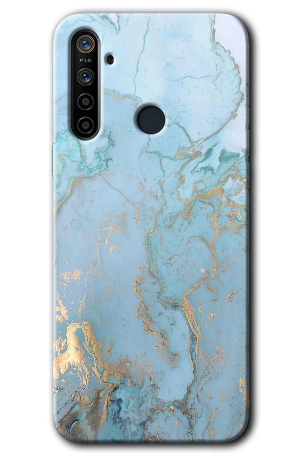 Realme 5i Kılıf HD Desen Baskılı Arka Kapak - Mavi Gold Mermer