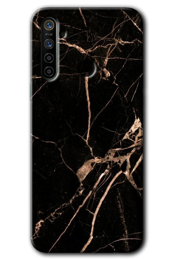 Realme 6i Kılıf HD Desen Baskılı Arka Kapak - Siyah Gold Mermer