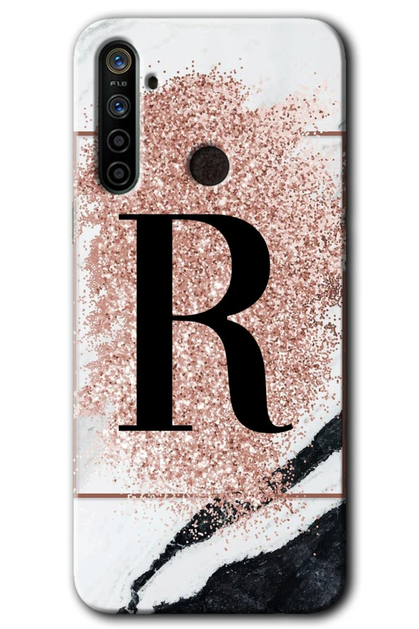 Realme 6i Kılıf HD Desen Baskılı Arka Kapak - Pembe Mermer Desenli R Harfi