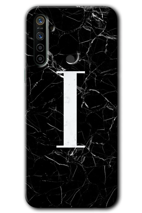 Realme 6i Kılıf HD Desen Baskılı Arka Kapak - Siyah Mermer Desenli İ Harfi